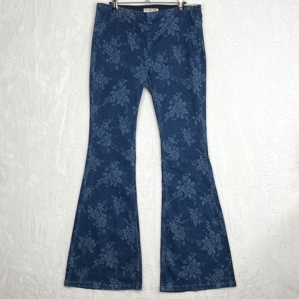 We The Free Blue Floral Denim Flare Jeans